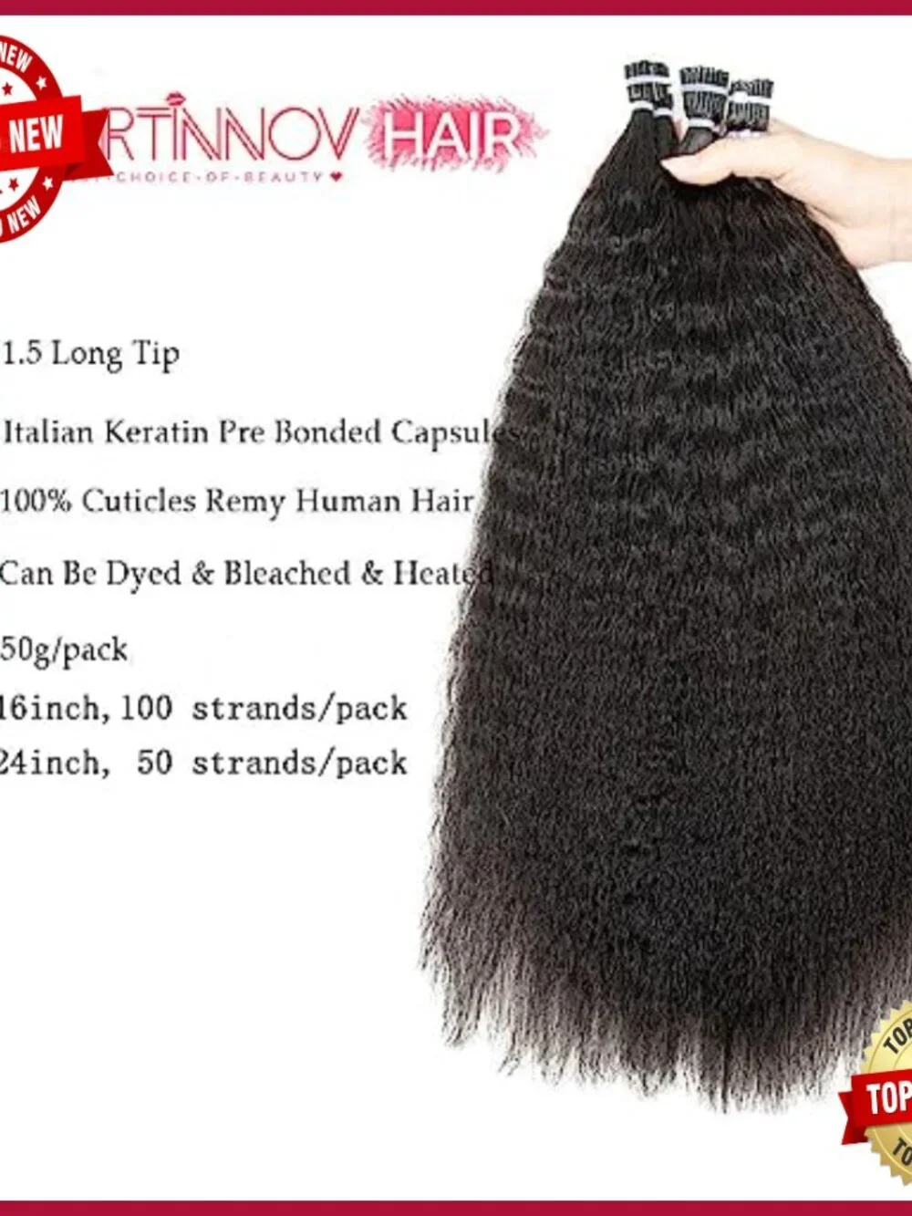 24 Inch I Tip Human Hair Extensions Kinky Straight Cold Fusion 50G
